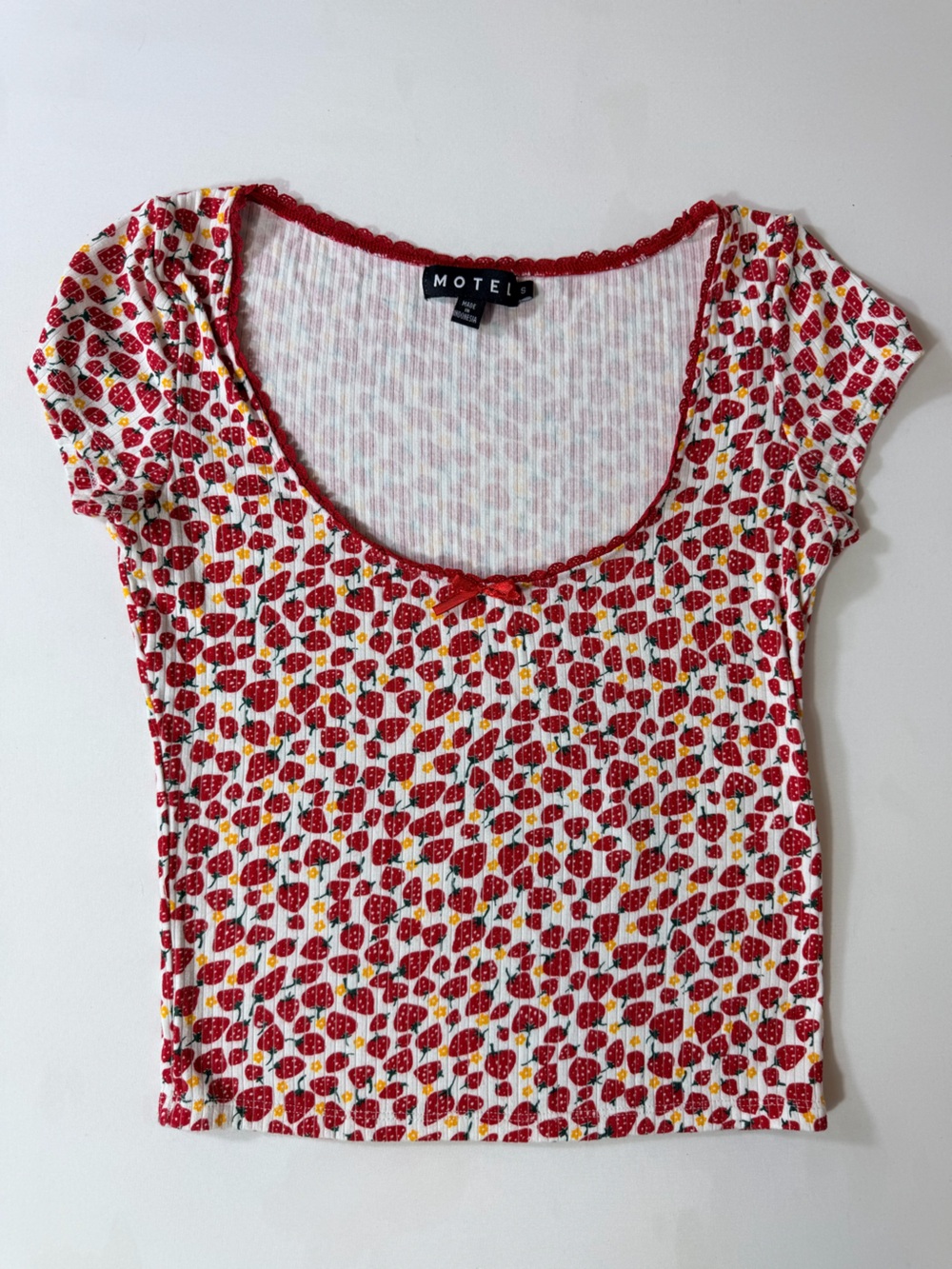 Motel Strawberry Print Cropped T Shirt Women’s Sz Small